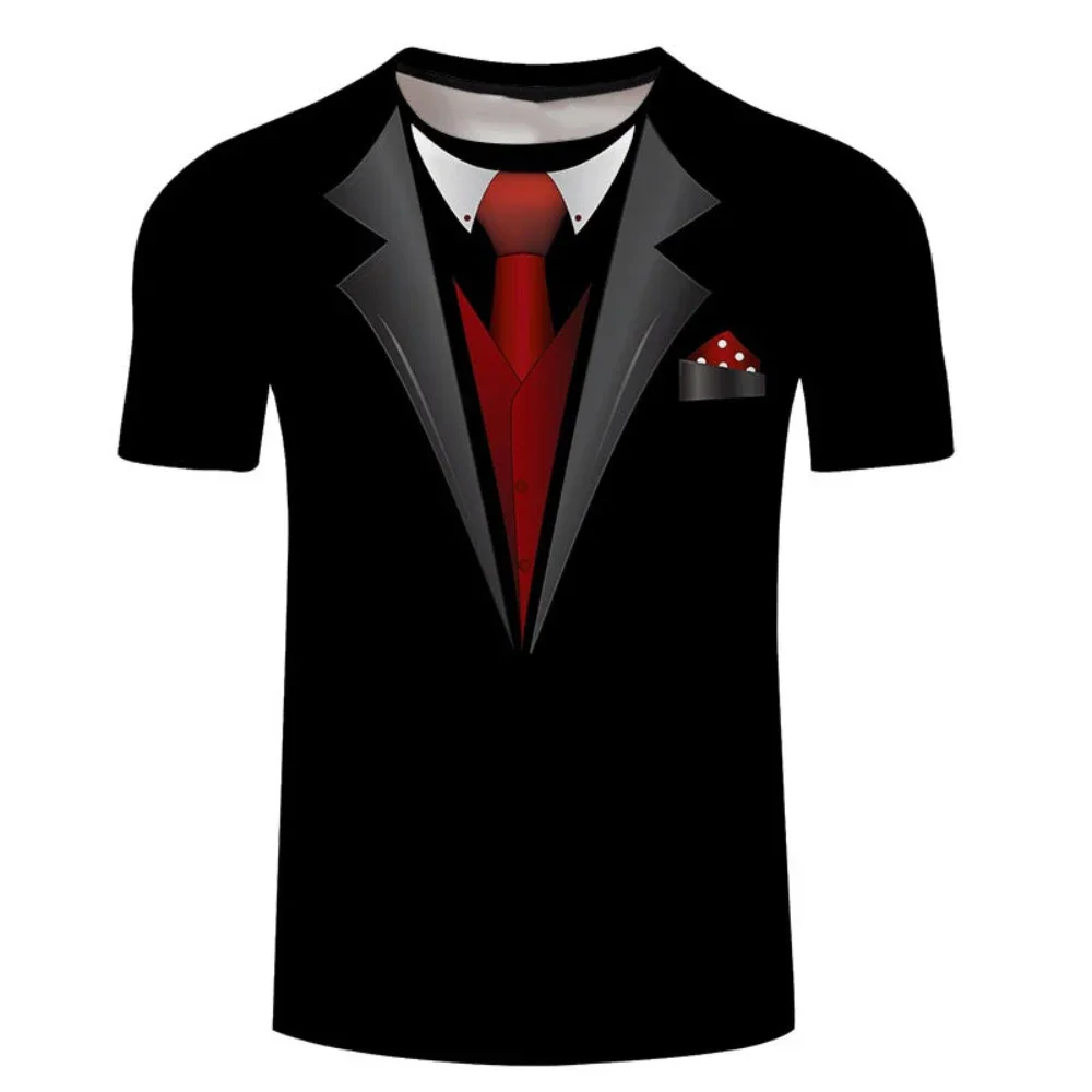 Fashion Men's Fake Suspenders Red Bow Tie Tuxedo T Shirt Funny Fake Suit Print Crew Neck Short Sleeve Casual Party Novelty Tee