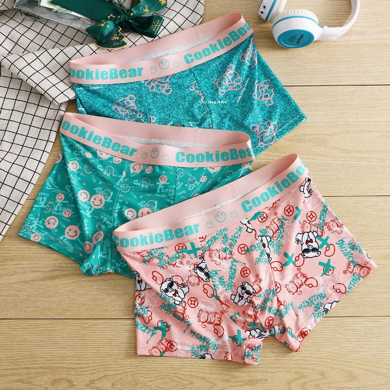 Pantaloncini coordinati in colore U Custodia convessa Stampa in cartone Boxer piatti Biancheria intima sexy in seta ghiacciata Qucik-Dry Mutandine traspiranti Regalo per uomo