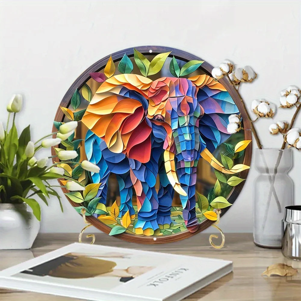 1pc 8x8 Inch Spring Metal Sign Elephant Theme Decoration Faux Origami Window Decorations Round Wreath Sign Entrance Decoration