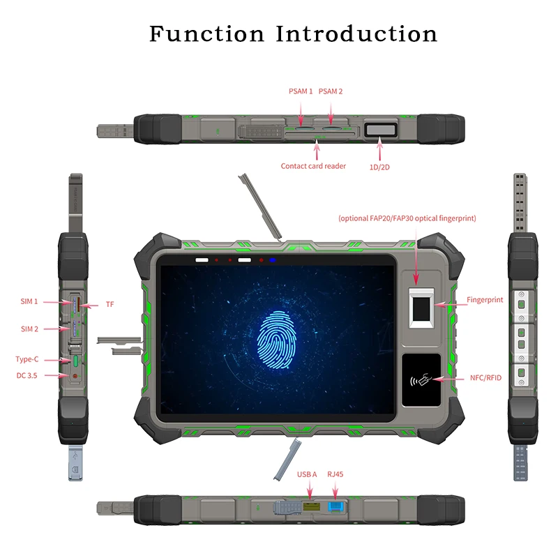 Face Recognition Tablet PC 8 Inch Rugged Shockproof IP65 Industrial Fingerprint Android 13 OS Touch Screen Memory Card Free Sdk