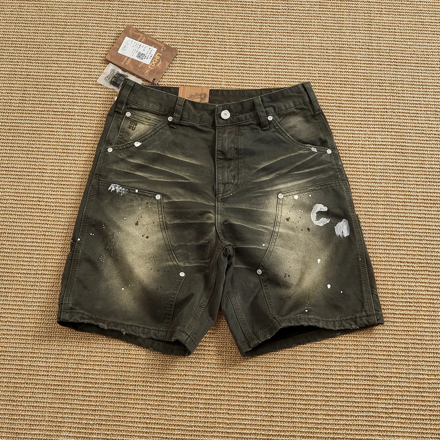 High quality American retro distressed work shorts men's cotton heavy wash denim shorts multi-pocket logging pants