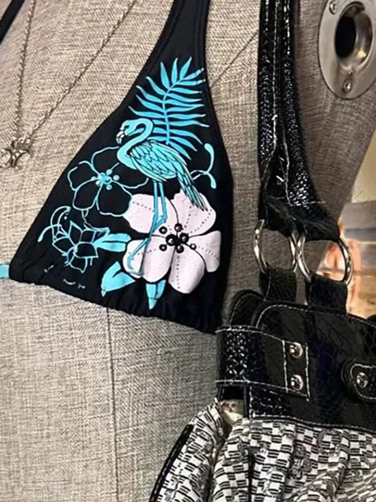 セクシーな湯たんぽプリントレースアップ背中の開いたビキニ 2 点セット女性スプリット水着ビーチビキニ 2025 新しい夏の水着ビキニセット