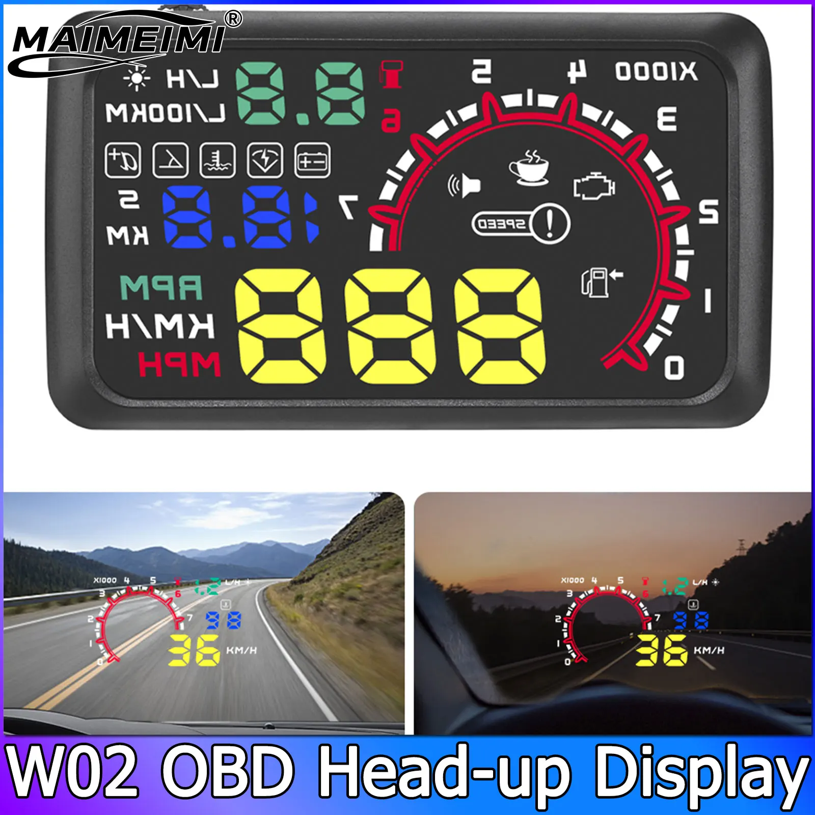 3.5inch W02 HUD OBD2 Head-Up Display Gauges Speedometer Voltage Fuel Consumption Glass projection On-board Computer Water Temp