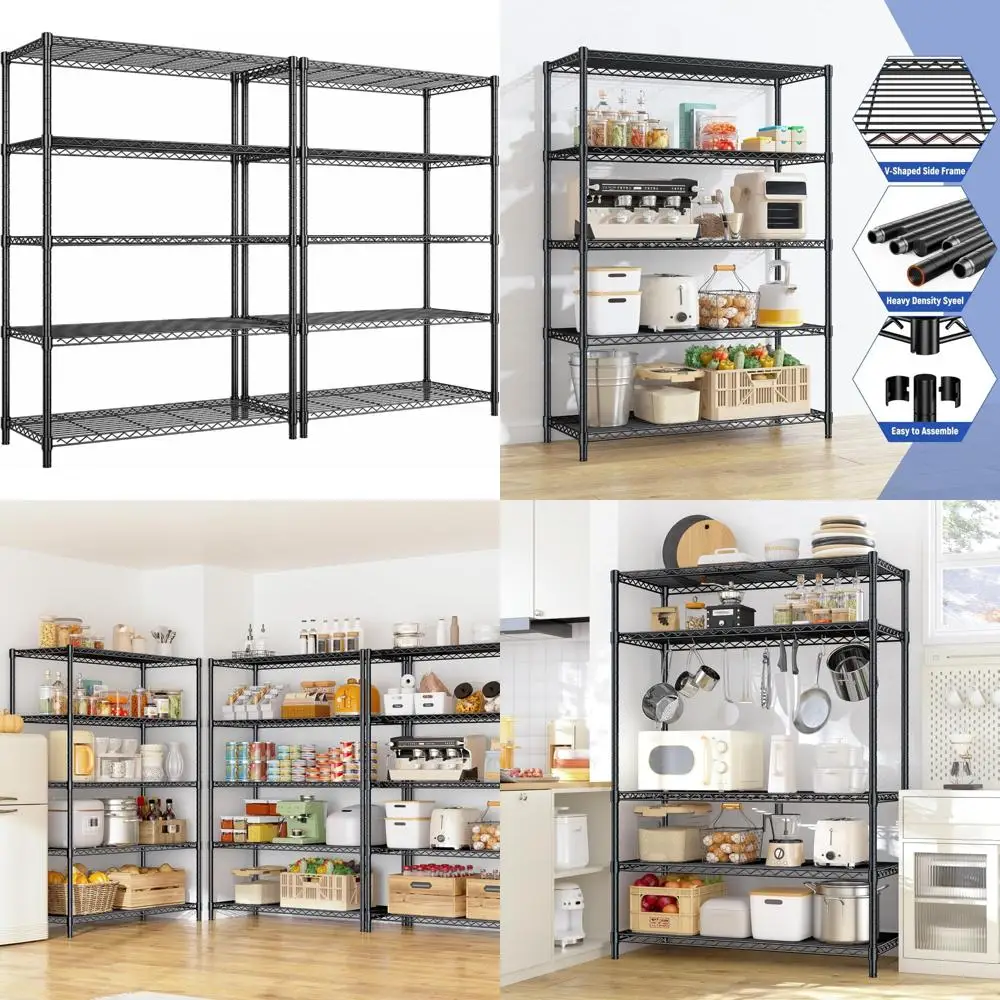 أرفف تخزين أسلاك معدنية قابلة للتعديل مكونة من 5 طبقات - سعة 1000 رطل شديدة التحمل لتنظيم مخزن المطبخ