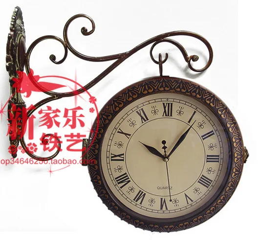 

Retro clock silent European clock living room pastoral foreign trade wallclock wrought iron double-sided walllock large free