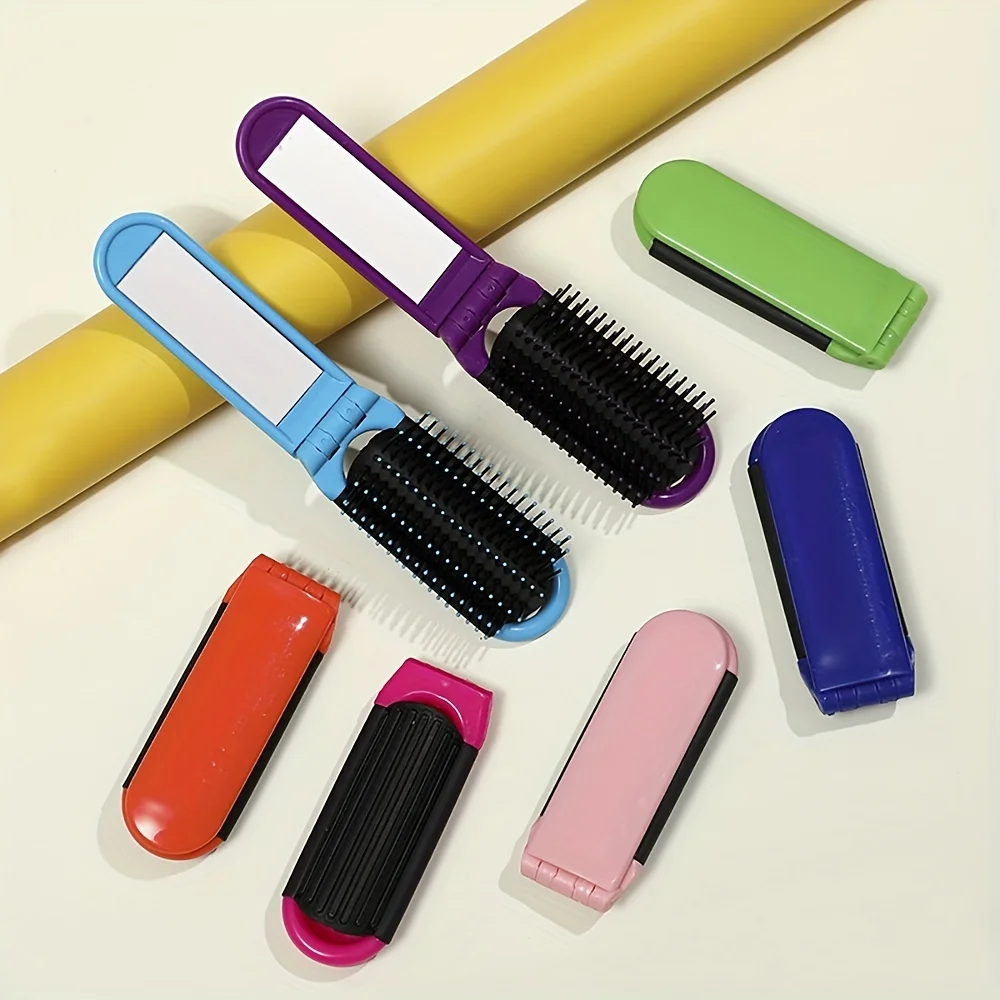 [Pocket Size Travel Hair Brush] Portable Travel Foldable Hair Brush With Mirror Compact Pocket Size