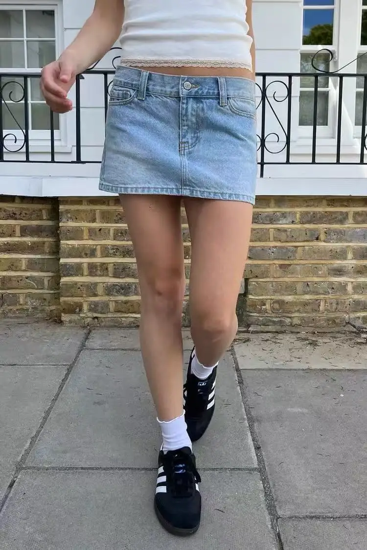 

Синяя карманная мини-джинсовая юбка женская летняя шикарная простая прямая юбка с низкой талией в консервативном стиле винтажная повседневная короткая Faldas Y2k новинка