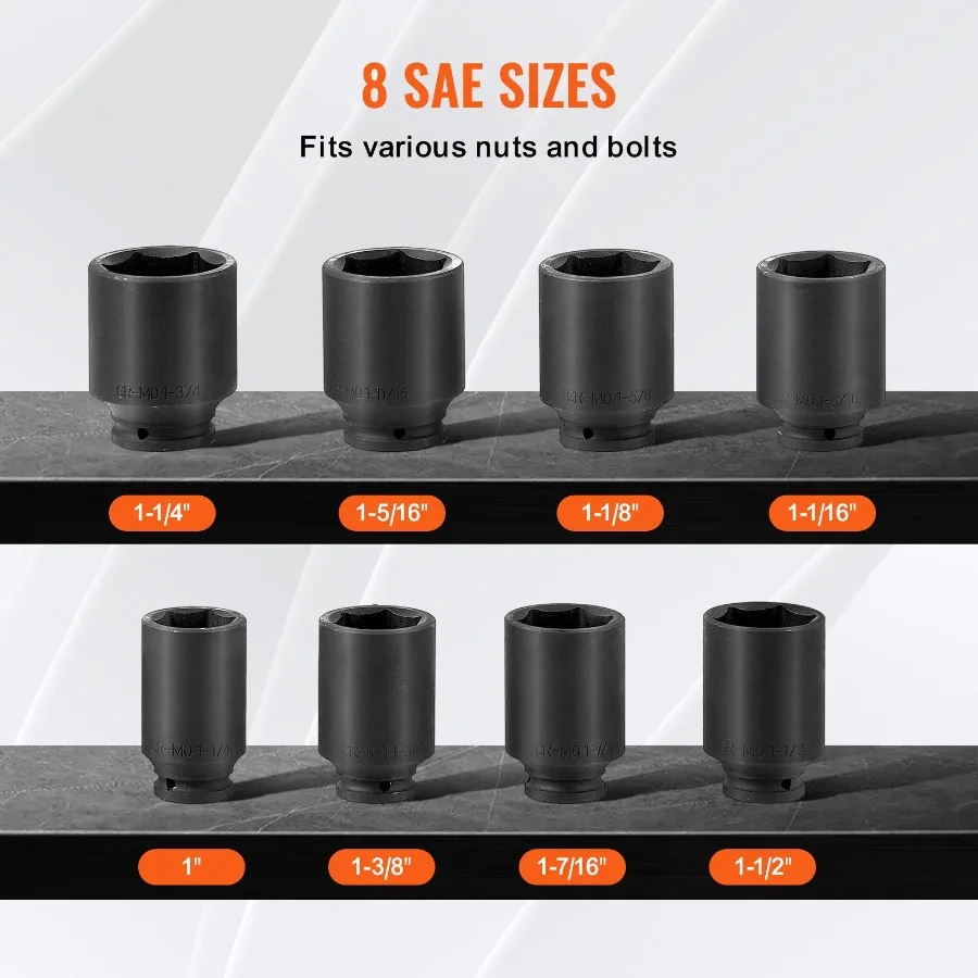 Axle Nut Impact Socket Set 3 4 Deep Drive 6Point 8PCS SAE Spindle Socket