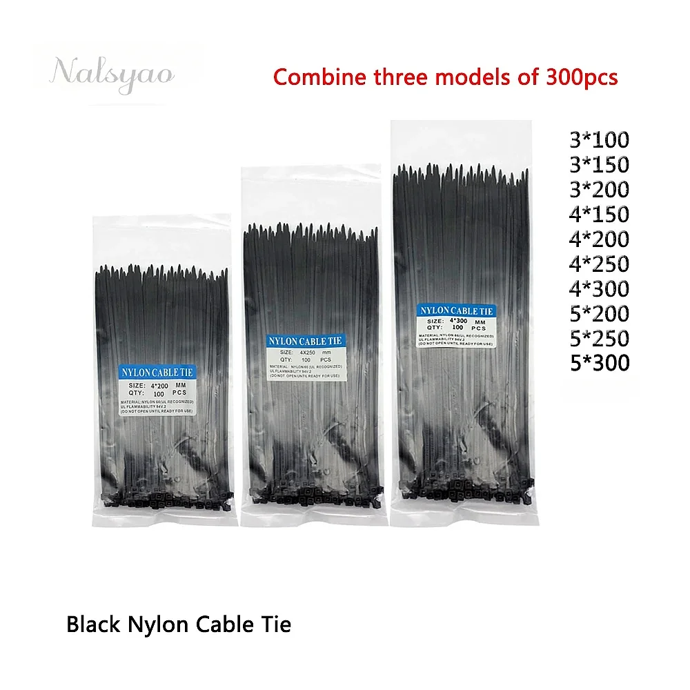 300pcs Three Mode Self-Locking Plastic Nylon Wire Cable Zip Ties Black Fasten Loop Various Specifications