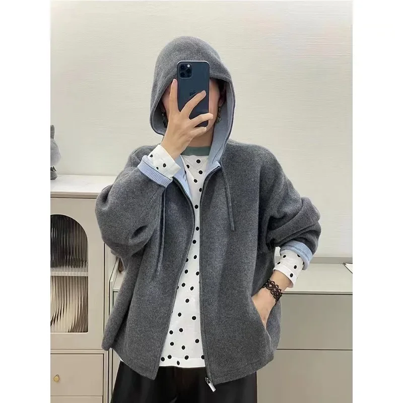 Women\'s Air Cashmere Cardigan Loose Padded Knit Hoodie Contrast Zipper Sweater Fall Winter Coat New Style Casual Comfortable