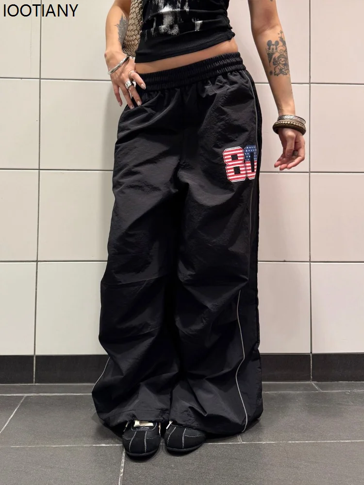Vintage Pattern Embroidery Women's Drape Wide-leg Pants Elastic Waist Jogging Parachute Pants Loose Casual Streetwear Trousers