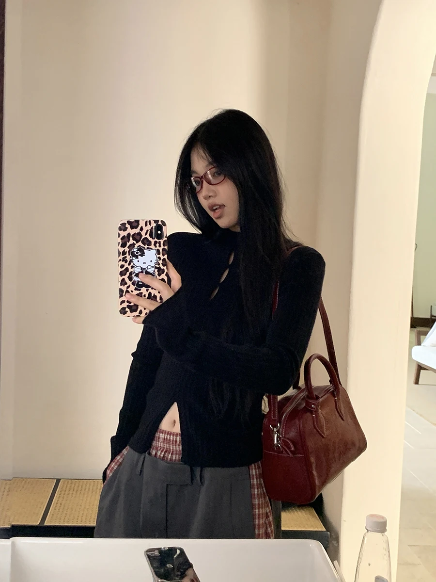 سترة محبوكة بياقة عالية وأكمام طويلة للنساء، ملابس داخلية سوداء لموسم الخريف، مريحة وذات تصميم عصري #2