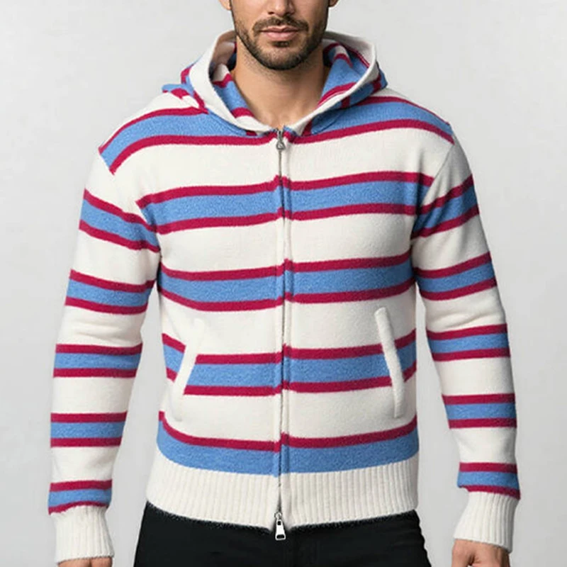 خمر التباين اللون مخطط سترة متماسكة رجل الخريف جديد عادية سحاب أكمام طويلة جاكت مزود بغطاء للرأس الرجال محبوك Sweatercoats