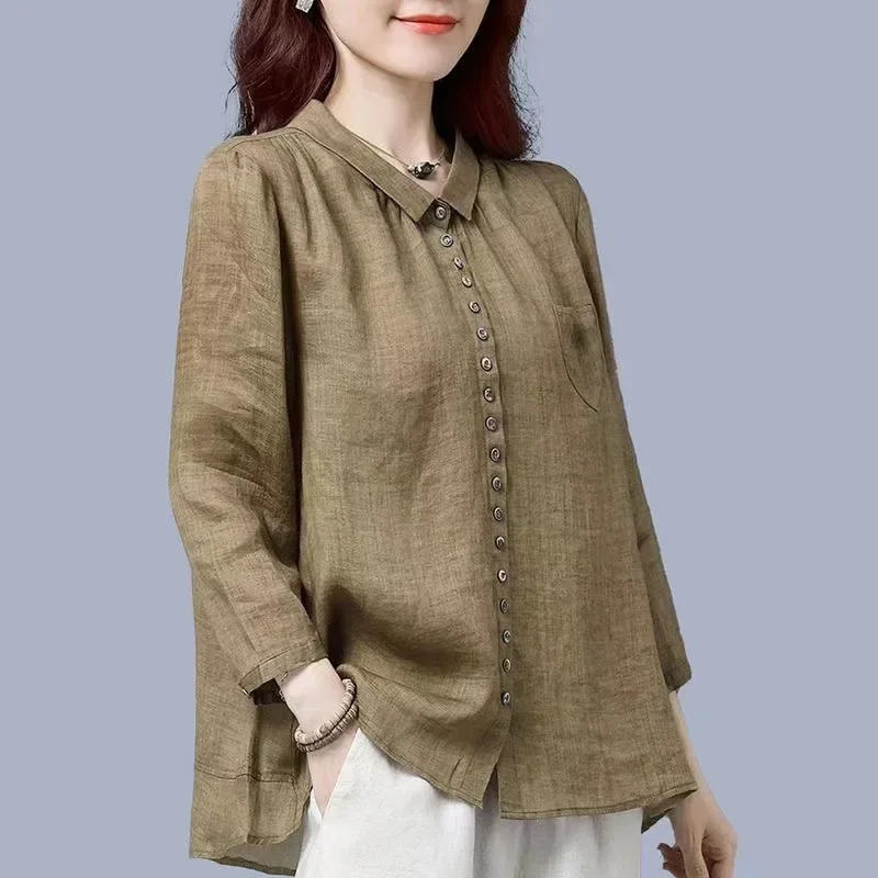 Spring Autumn Vintage Cotton Linen Cardigan Shirt Ladies Elegant Long Sleeve Buttons Top Women Comfortable Loose Casual Blouse