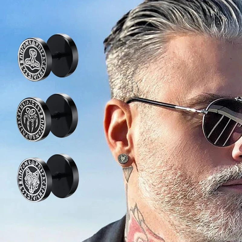 Gothic Norse Viking Runes Stud Earrings for Men Boys Rock Punk Stainless Steel Valknut Wolf Head Compass Celtic Knot Earrings