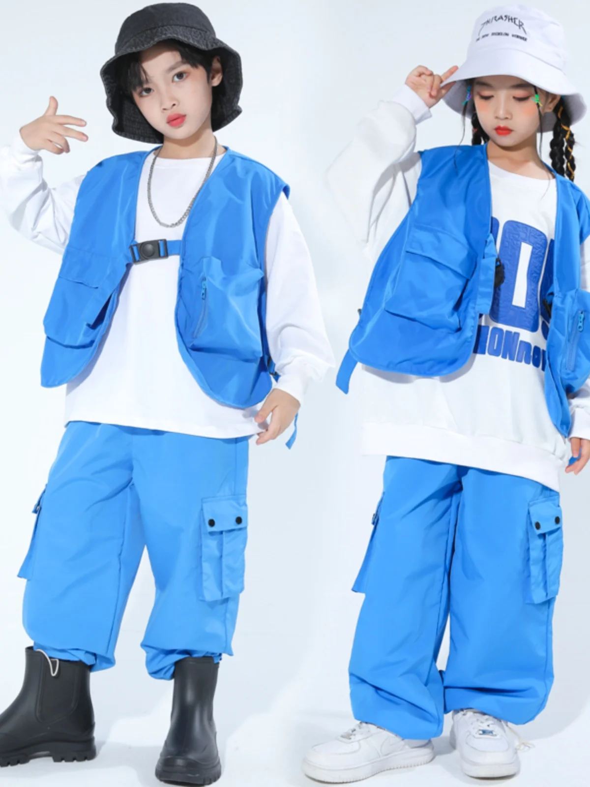 2023 New Jazz Modern Dance Costumes For Kids Blue Vest Hiphop Pants Suit Girls Hip Hop Dance Performance Stage Clothes DQS14496