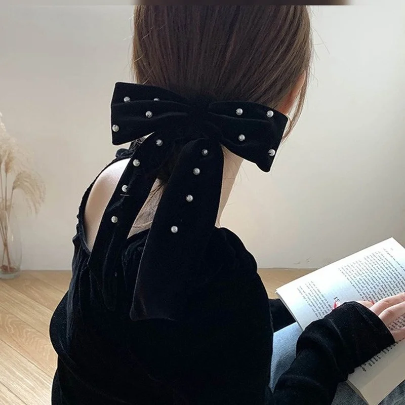 French style lazy retro bow black velvet spring clip hairpin rope high-end celebrity hair accessories