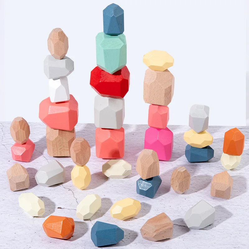 Children Wooden Colored Stone Balanc Building Blocks Educational Toy Creative Nordic Style Stacking Game Rainbow Wooden Toy Gift