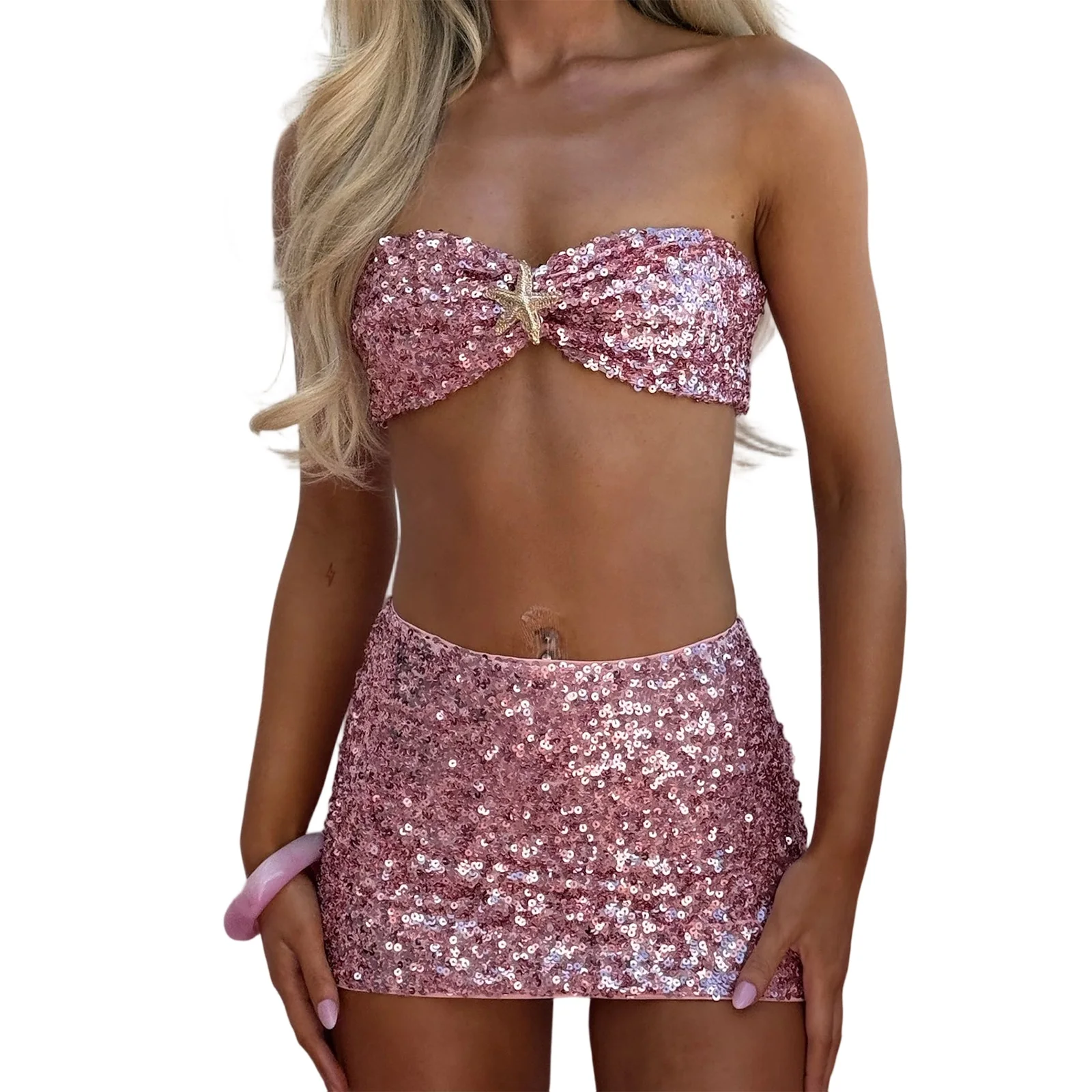 

Women s Summer Sequin Outfit Stylish Sparkly Bra Tops and Low Rise Mini Skirt 2 Pcs Set