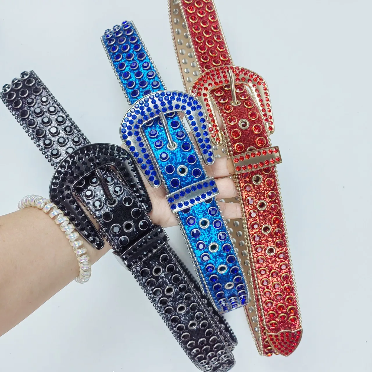 

European Rhinestone PU Waist Belt Punk Rivet Jeans Belt Strap Hip Hop Blingbling Plus Size Waistband 115Cm Long Adjustable Belts