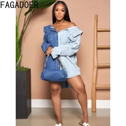 FAGADOER Fashion Denim Splicing Turndown Collar Button Shirt Dresses Women Long Sleeve Loose Irregular Vestidos Female Clothing