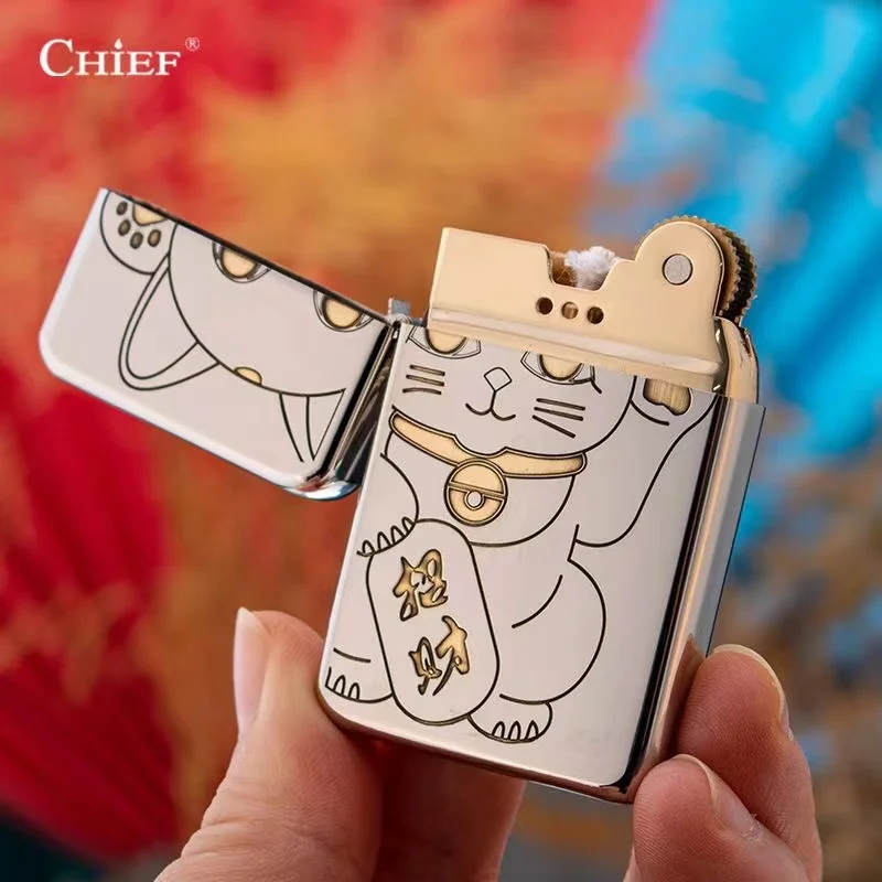 2024 CHIEF Pure Copper Personality Sculpture Windproof Kerosine Lighter Classic Grinding Wheel Ignition Lighters Smoking Gadgets