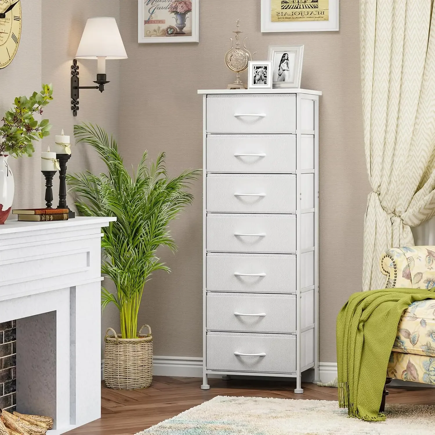 Fixwal White Tall Dresser for Bedroom, Storage Dresser Organizer with 7 Fabric Drawers, Nightstand Furniture in Closet, Entryway