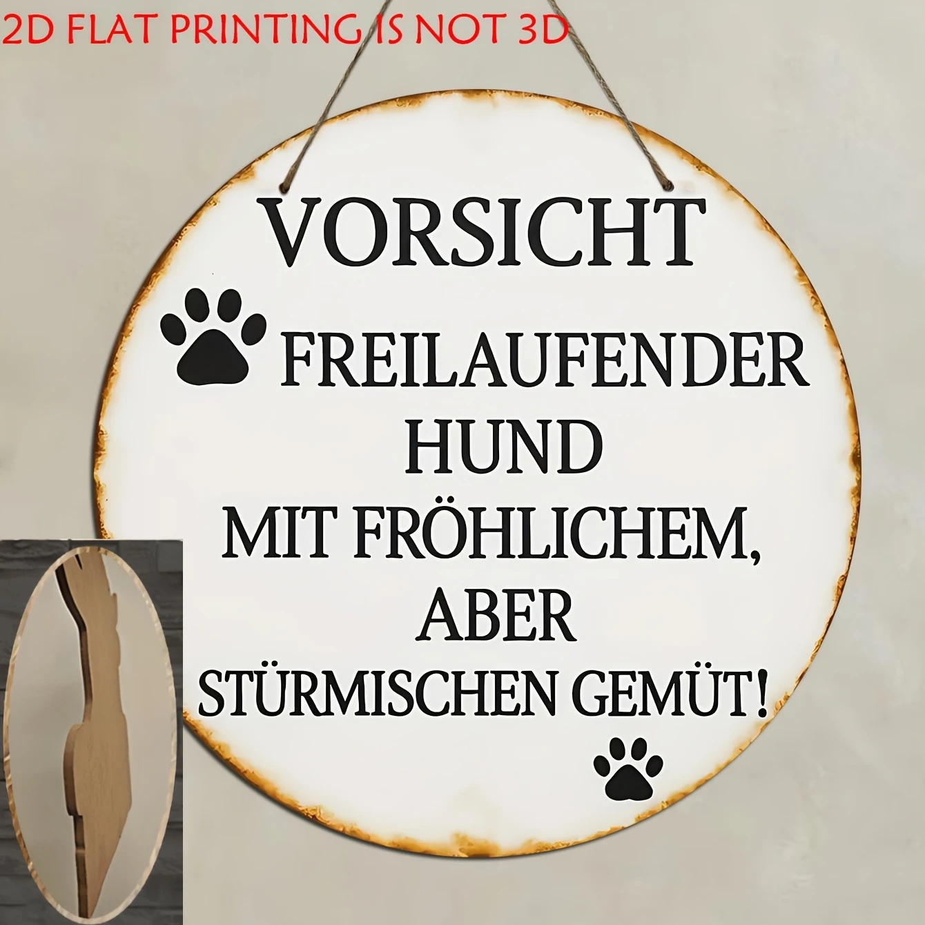 2D Flat, Pendants, Drops And Finials, Free-Roaming Dog Round Wooden Decorative Sign And Plaque, German Pet Warning, Indoor/Outdo