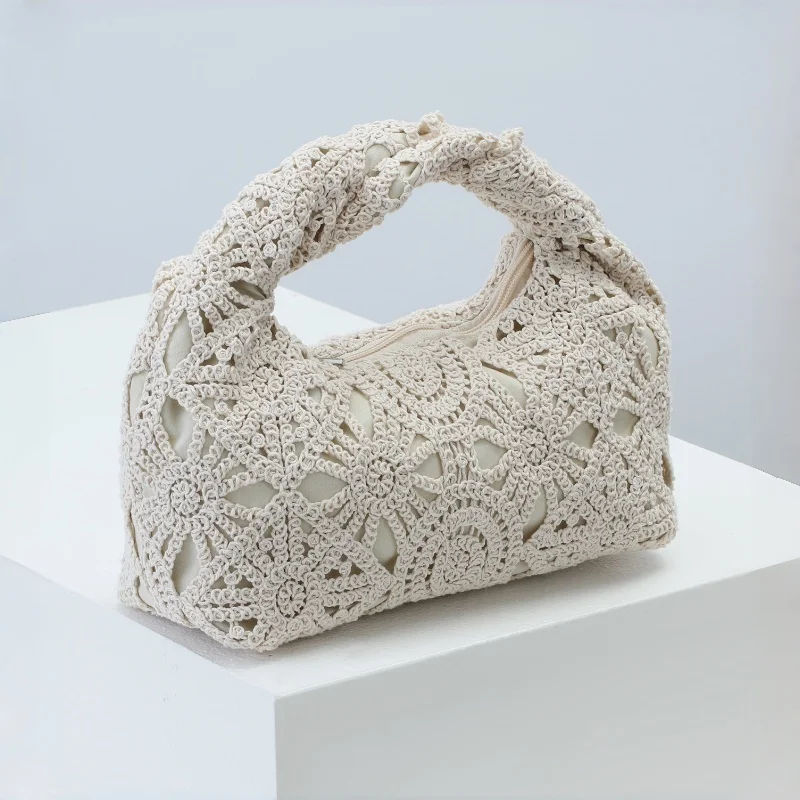 Lace Openwork Vacation Style Underarm Bag Openwork Pattern Shoulder Bag Macaron Color Handmade Crochet Cotton Yarn Bag