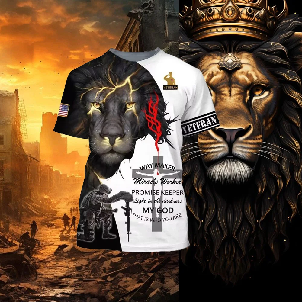 Jesus Cross Lion 3D Printed T-shirt Crusader Templar Men's Fashion Crew Neck Short Sleeve Handsome Personality Casual Daily Top