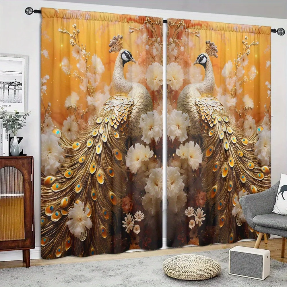 2pcs Peacock Style Printed Curtain For Home Decor Rod Pocket Window Treatment For Bedroom, Office, Kitchen, Living Room,