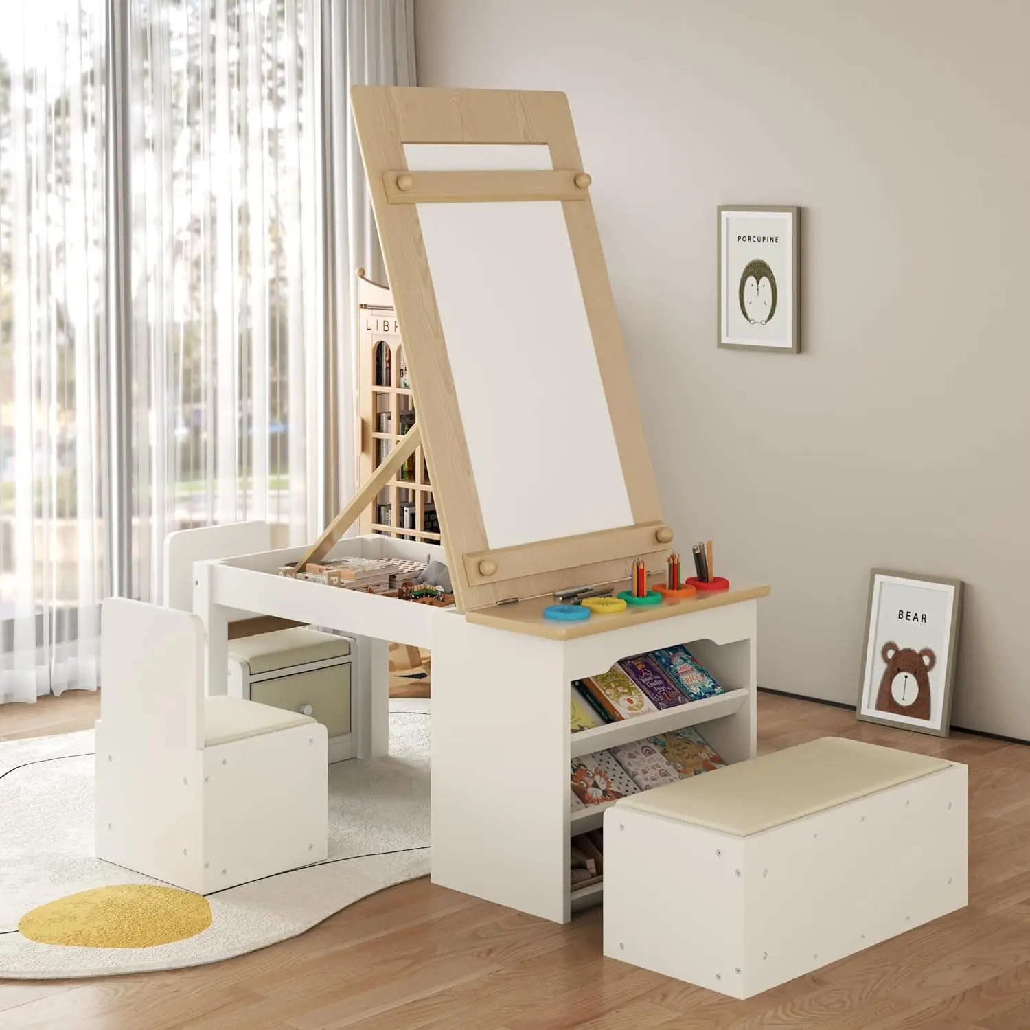 

3 in 1 Kids Art Table and Chair Set, Art Desk & Easel w/ Storage Shelves, Drawers, Paint Cups, Paper Roll, Toddler Table and Cha