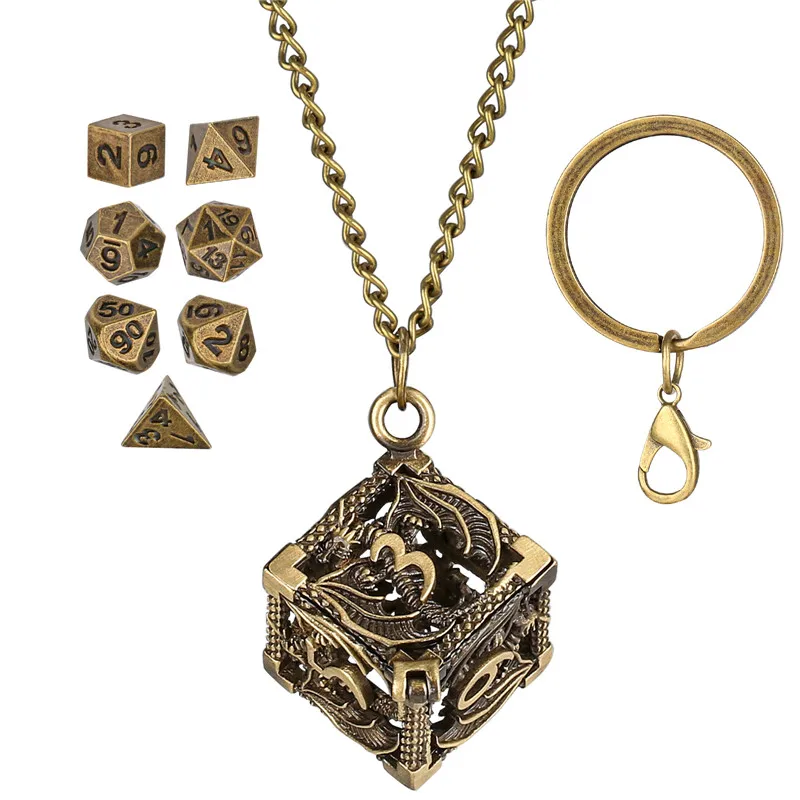 พวงกุญแจพกพาขนาดเล็กกล่องโลหะ D6กลวงพร้อมขนาดเล็ก7ชิ้นชุดลูกเต๋าโลหะหลายด้านอุปกรณ์เสริมสำหรับเล่นเกมสวมบทบาท