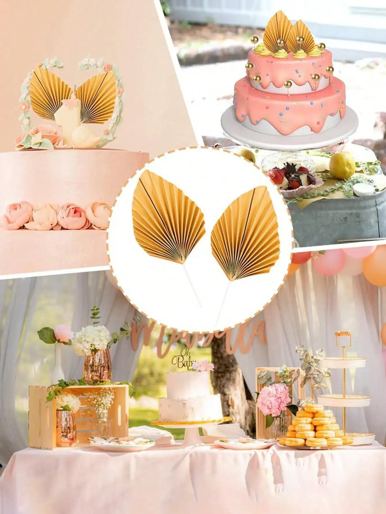 8pcs-Palm leaf cake decoration,paper fan cake inserts,suitable for weddings,birthdays,Hawaii, beaches,jungle themed decorations.