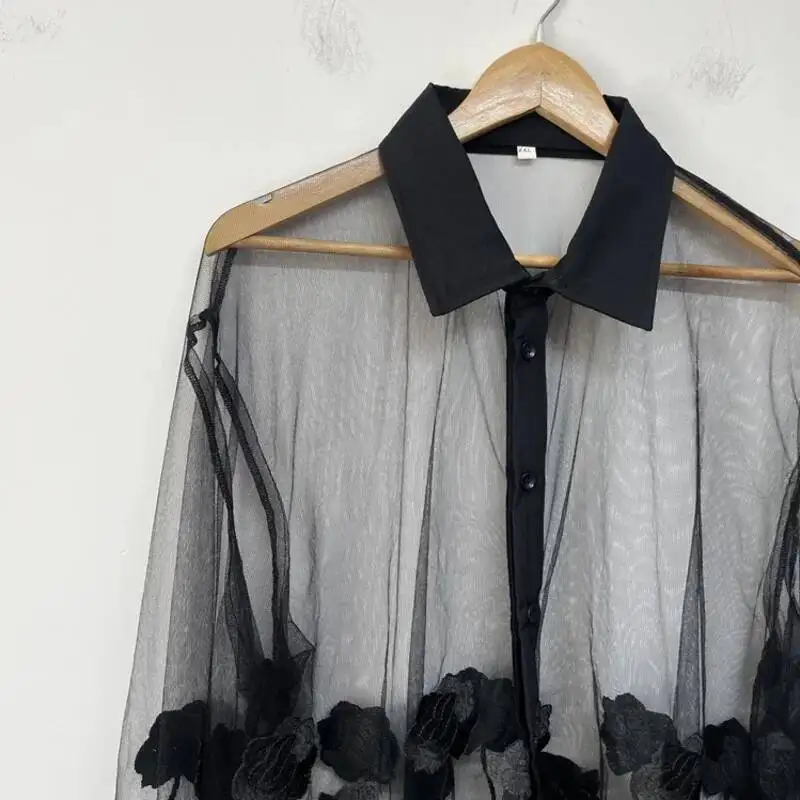 WVGA صيف جديد الرجال المد التطريز بقماش شفاف الطبقات شخصية قمصان طويلة الأكمام المتخصصة تصميم شيك قميص غير رسمي Ins W8066