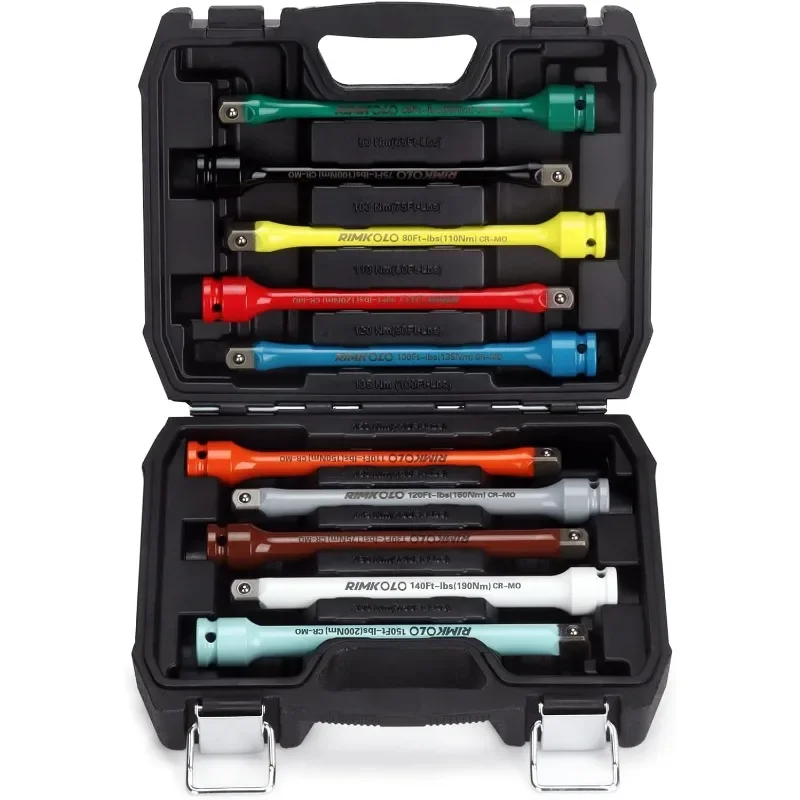 10-Piece Impact Torque Limiter Set with 8 Inch Color-Coded CR-MO Torque Sticks (65 to 150 Ft-Lbs) for Locking Lug Nuts