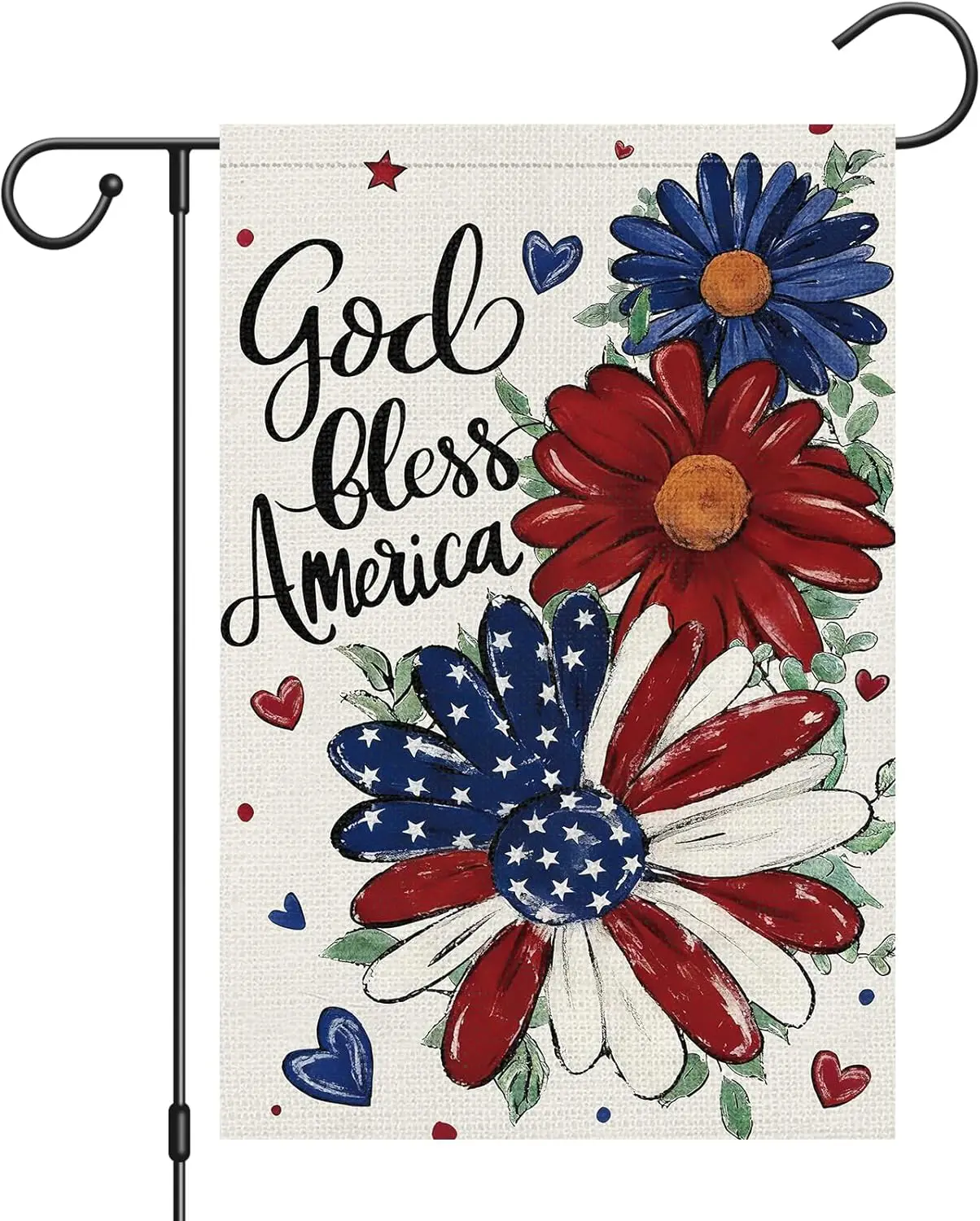 Heyfibro God Bless America Patriotic Garden Flag 12x18 Double Sided Burlap, 4th of July with Red White Blue Daisy Floral Yar IIC