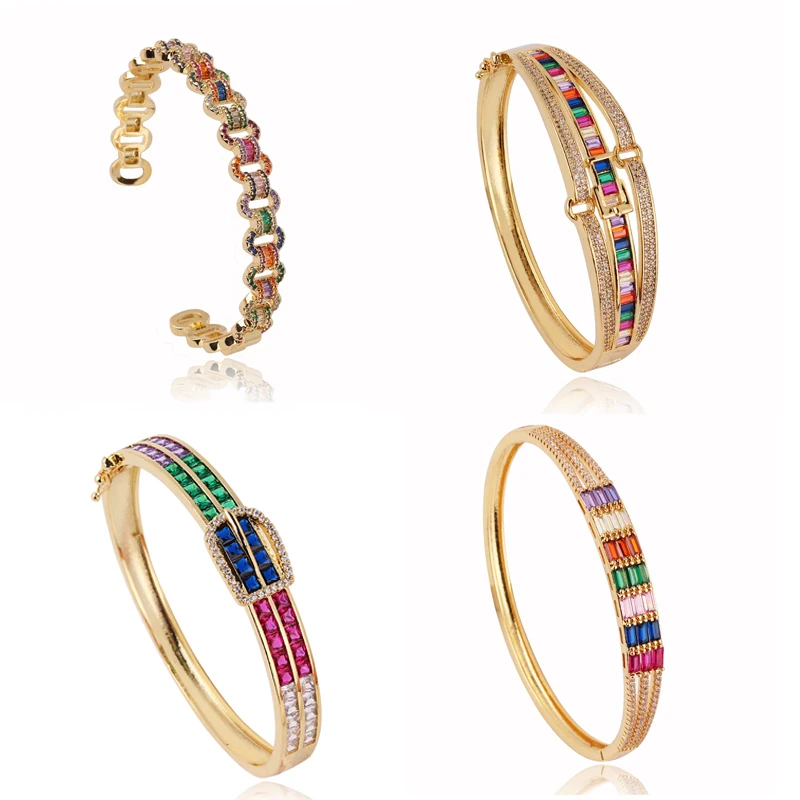 New Fashion 24 Styles Gold Color Bracelet AAA Zircon Rainbow Rhinestone Simple Copper Trendy Jewelry Luxury Women Bangles