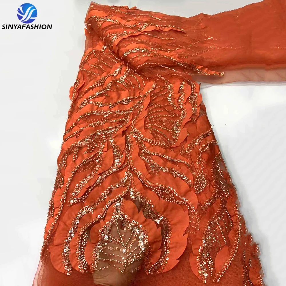 

Sinya African Sequins Pearls 3D Flower French Tulle Lace Fabric 5 Yards 2025 High Quality Luxury Orange Beaded Lace Fabric