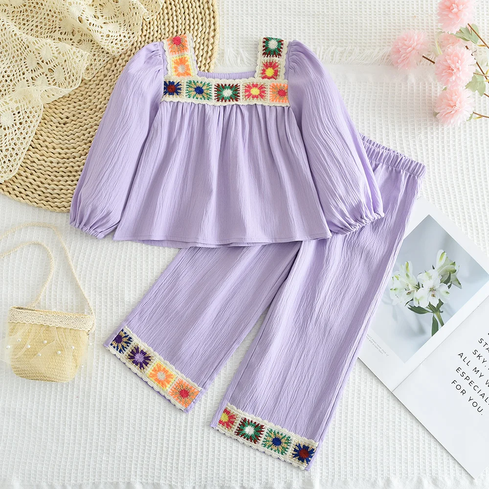 

Plain Girls Clothes Bubble Sleeves and Colorful Sunflower Embroidery Top+Pants 2-piece Set Sweet Cute Casual Children's Clothing