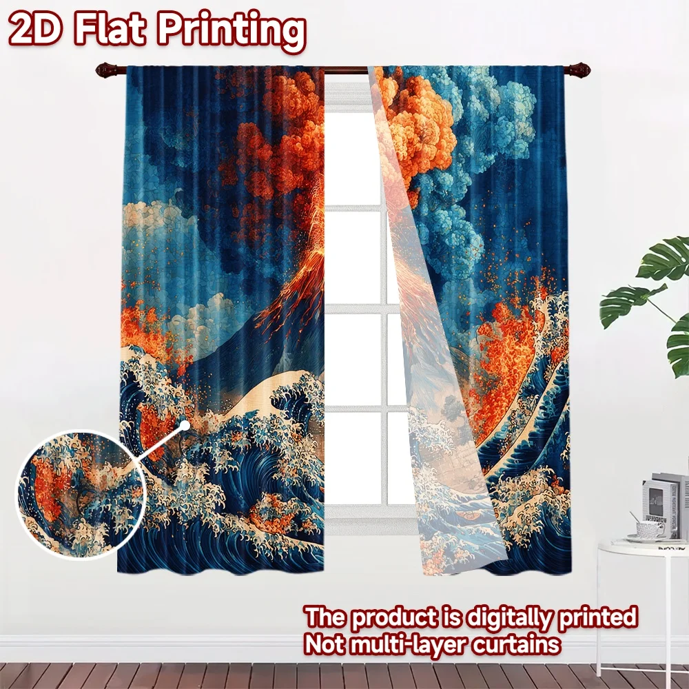 2D flat 2pcs Curtain Modern Minimalist Style Curtains Erupting Volcano Waves Digitally printed polyester, colorfast Party