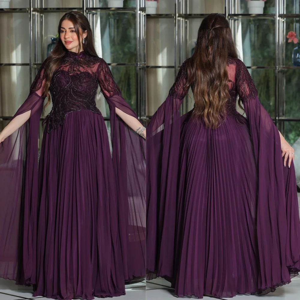 Chiffon Applikation drapiert formelle Abend A-Linie hohen Kragen maßge schneiderte Anlass Kleid lange Kleider