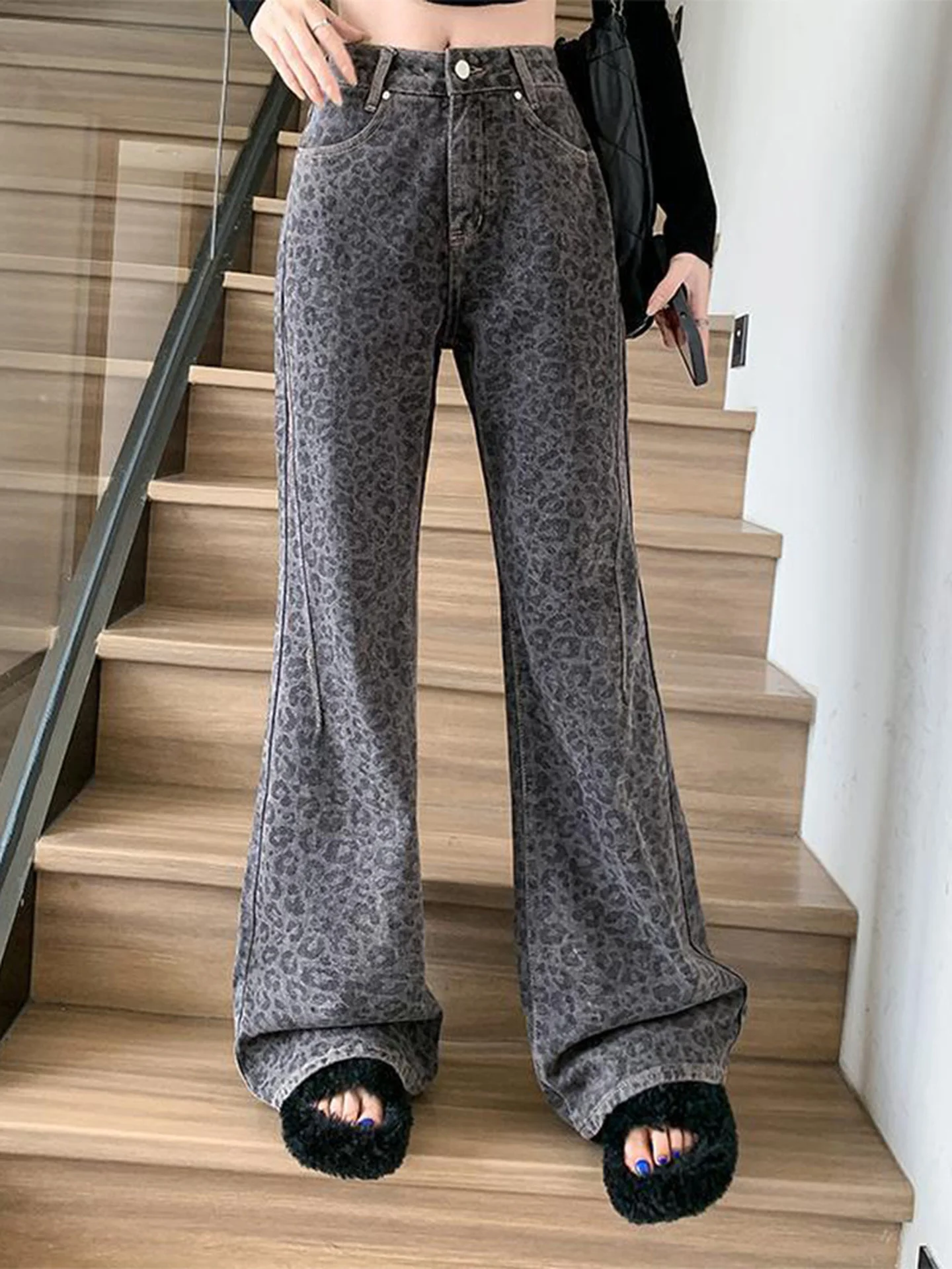 กางเกงยีนส์ทรงกระดิ่งลายเสือดาวสไตล์เรโทร ทรงตรง กระชับสัดส่วน เอวสูง ลำลอง สำหรับผู้หญิง ฤดูใบไม้ร่วง ฤดูหนาว รุ่นใหม่