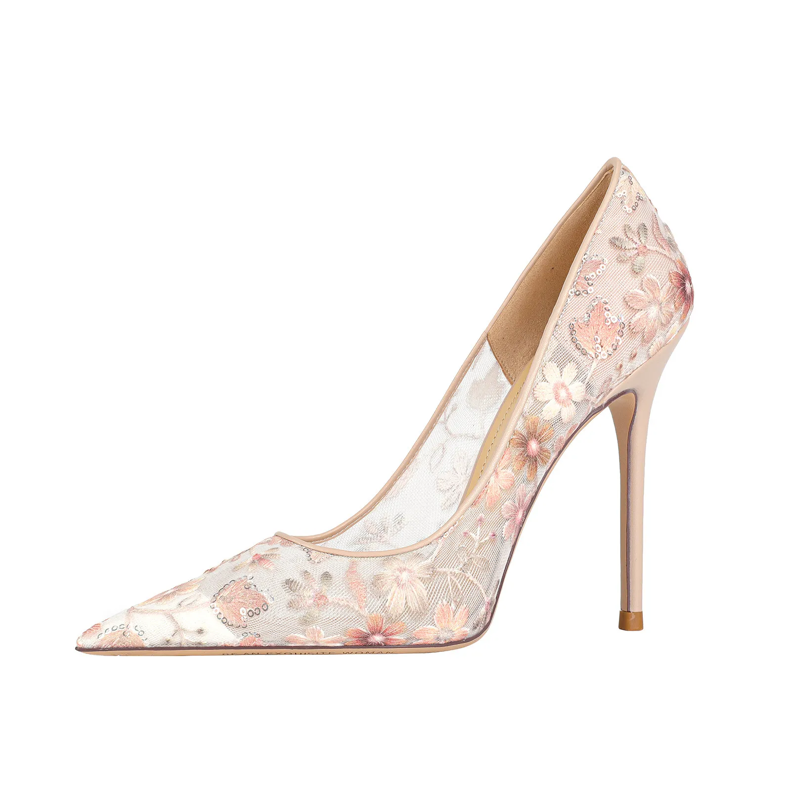 New nude mesh flower high heels embroidered with floral tips, slim heels, sexy and fashionable women's banquet single shoes