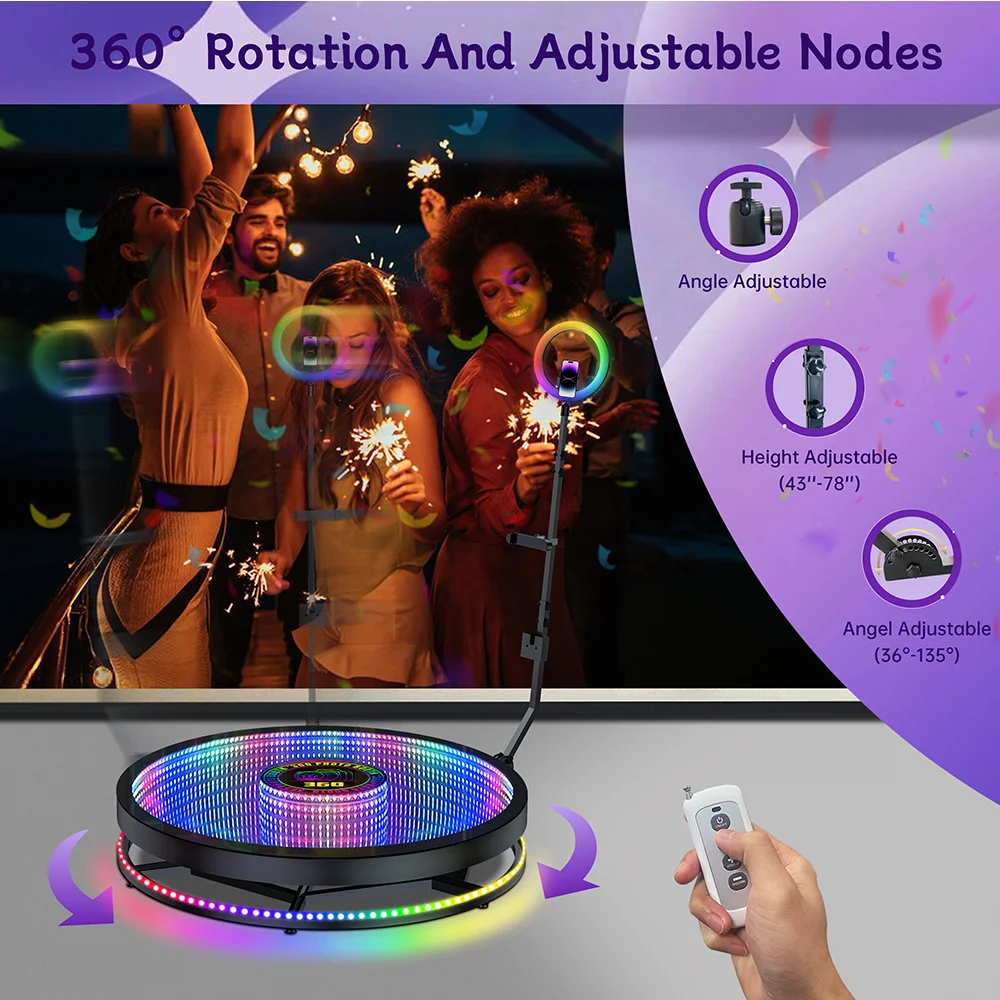 360 Photo Booth Automatic Selfie Camera 360 Photo Booth LED Glass Rotating Photo Booth Platform 360 1-7 People for Party Events