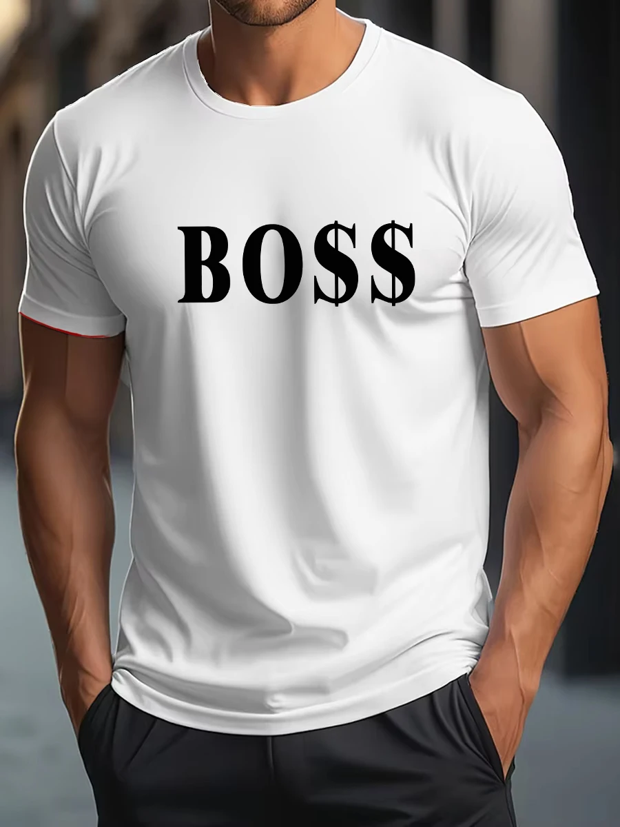 تي شيرت رجالي صيفي 100% من القطن الخالص لعام 2025 مع مطبوعات حروف BOSS، بلوزة عصرية، كاجوال بأكمام قصيرة
