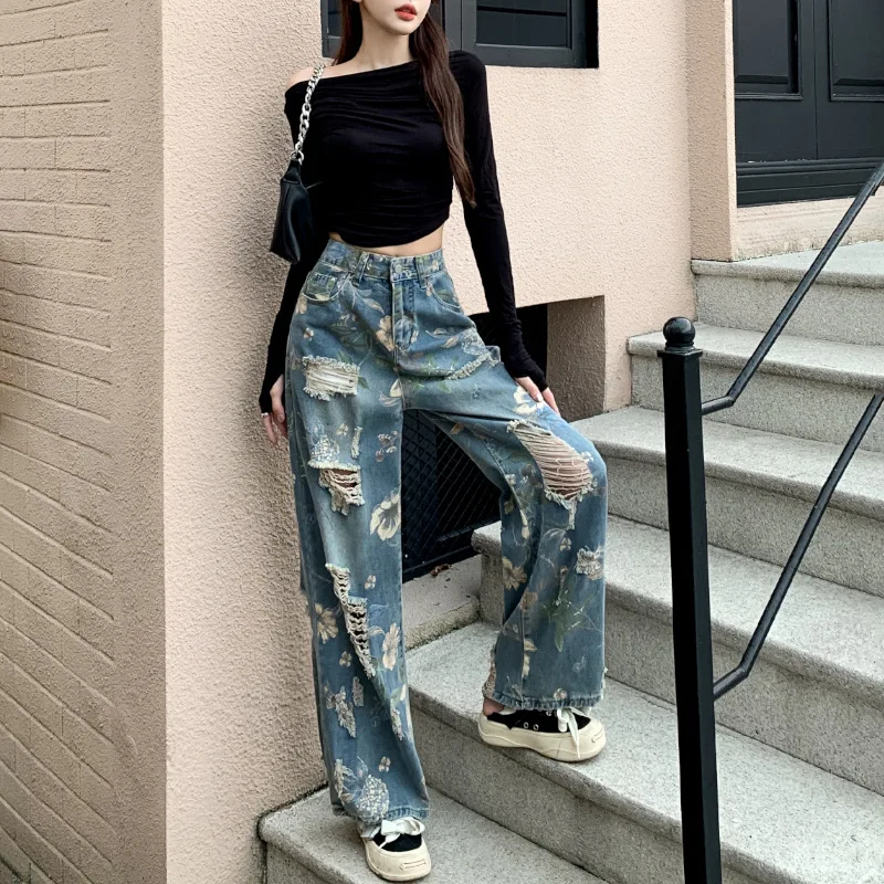 

Fashion Trend American Style Holey Jeans Summer Women's Loose-fit Wide-leg Trousers Girl Casual High Waist Straight Pants