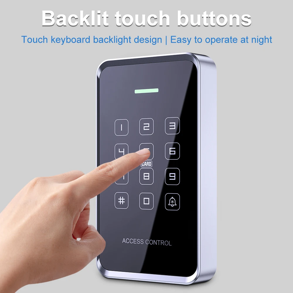 IP67 impermeável Backlight Touch Screen, RFID Standalone Access Controller, 125KHz EM + 13.56MHZ IC Access Control, 1000 Usuário Rfid Lock