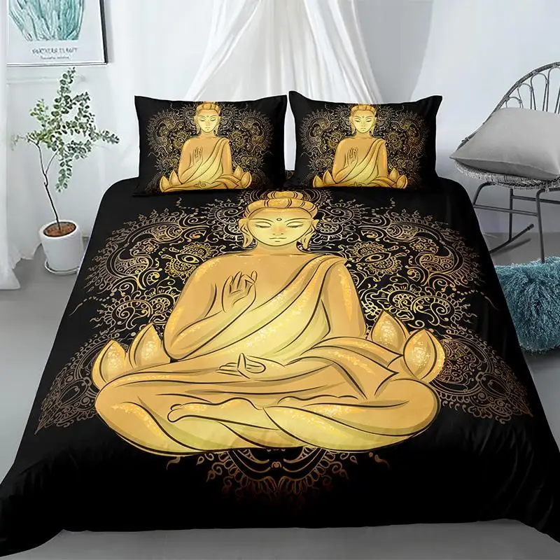 Buddha Duvet Cover Set King Size Exotic Ethnic Bohemian Bedding Set Microfiber Golden Buddha Statue Print Gorgeous Quilt Cover