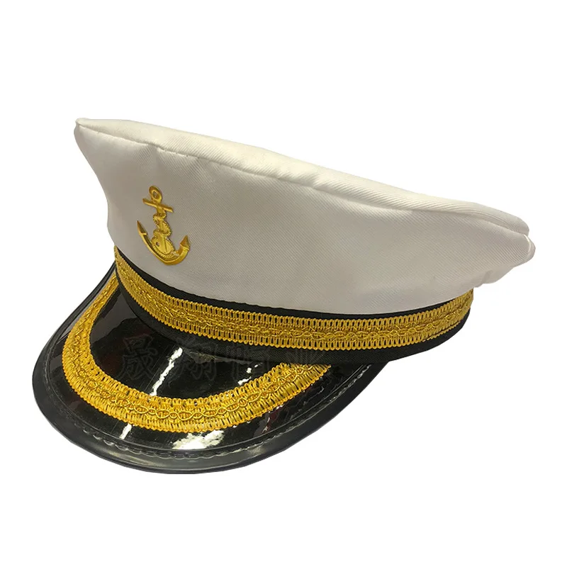 

Military Hat Army Cap Peaked White Hat Gold Ribbon Uniform Accessory Men Embroidered Captain 8M230